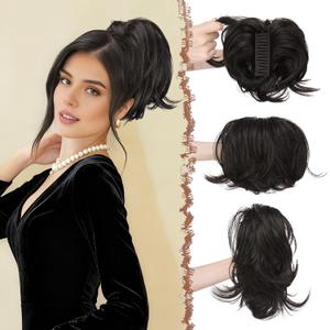 FESHFEN Claw Clip Short Ponytail Extensions - DIY Bendable Metals Fluffy Messy Bun Hair Piece Straight Synthetic Hairpieces Ponytail Extension for Women, Black Brown