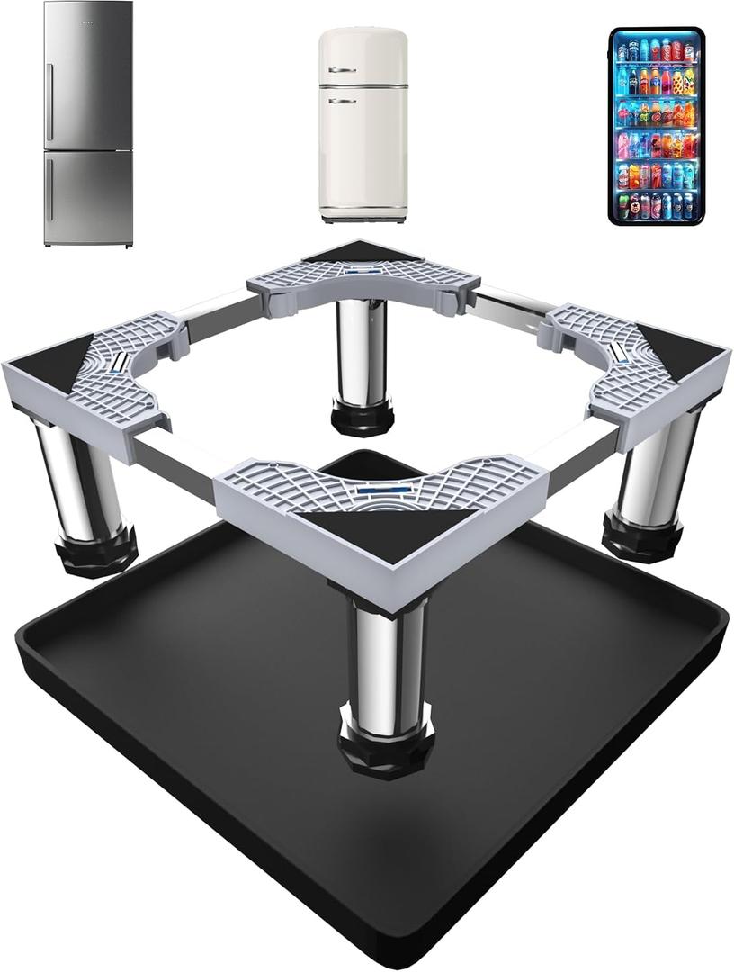 Mini Fridge Stand with Silicone Mat, Adjustable Refrigerator Stand with 4 Stainless steel Feet, 24''x 24'' Dorm Fridge Stand Protect From Appliance Leaks for Fridge, Washer, Dryer (7.3"-8.5" High)