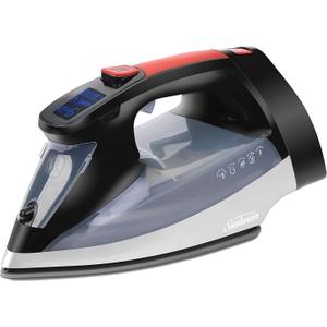 Sunbeam Professional 1700W Digital Steam Iron, 11-Heat Settings, Multi-Color LCD Display Screen, Precision Ironing, Horizontal or Vertical Shot of Stem, 8' Retractable Cord, Black and Red