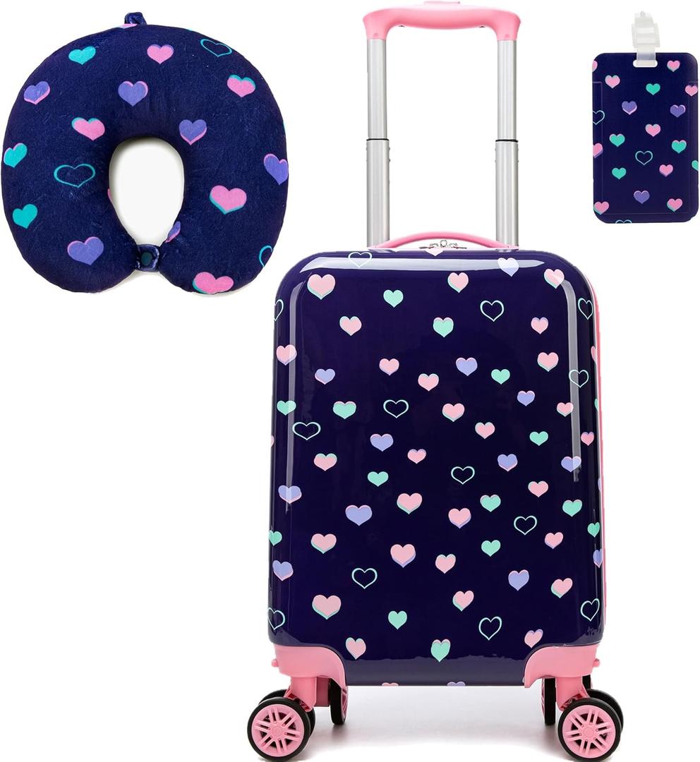 Kid's Luggage Set 2 Piece Suitcase Set Hardside Luggage with Spinner Wheels Girls Carry on Toddler Travel Rolling Suitcase with Neck Pillow Airline Approved (G Blue Love)