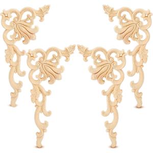4 Pieces Wood Appliques Onlays Decorative Wooden DIY Applique and Onlays for Furniture Unpainted Carved Corner for Cabinet Door Bed Wardrobe Furniture Decoration