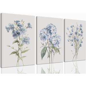PhexlyArt 3 Piece Blue Floral Canvas Wall Art Colorful Wildflower Wall Art Watercolor Blue Flower Pictures Wall Decor Modern Minimalist Botanical Art Prints for Living Room Bedroom Bathroom 16"x24"