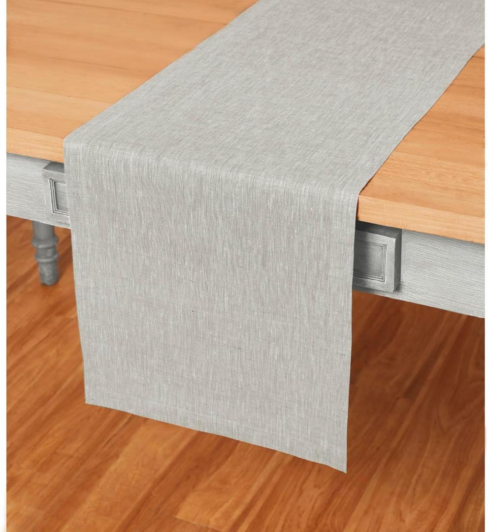 Solino Home Linen Oyster Grey Table Runner 120 Inches Long - Athena, 100% Pure Linen Dining Table Runner 14 x 120 Inch for Spring, Summer, Mothers Day
