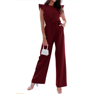 BTFBM Women Jumpsuits Crew Neck Ruffle Cap Sleeve Belted High Waist Wide Leg Romper with Pockets One Piece Casual Outfits Size S