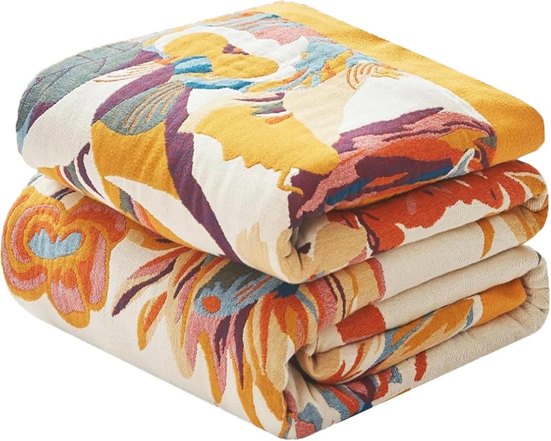 Boho Throw Blanket 60" x 80", 100% Organic Cotton Skin-Friendly Lightweight Ultra Soft Bed Quilt Throw - Spring Floral Butterfly Farmhouse Decor Blanket for Sofa Couch Chair and Gift