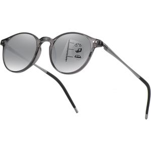 Exquisite Round Ultralight Progressive Multifocus Reading Sunglasses Women Men Durable Blue Light Blocking Anti EyeStrain/UV Multifocal Sun Readers Spring Hinge（Clear Top,Distance Range 20 ft）1.5 Gray
