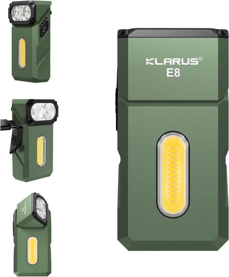 klarus E8 180 Swivel Head & Triple-Light Pocket Flashlight - 1000 Lumens, Rechargeable, IPX6 Waterproof, Magnet, Clip (EDC) (Green)