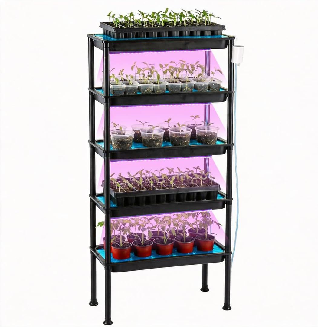 RooTrimmer 5-Tier Hydroponics Growing System, Plant Stand with Grow Lights & Pump - Ebb and Flow Seedbeds, Siphoning Watering, Designed for Nursery Cell Trays, Plant Pots