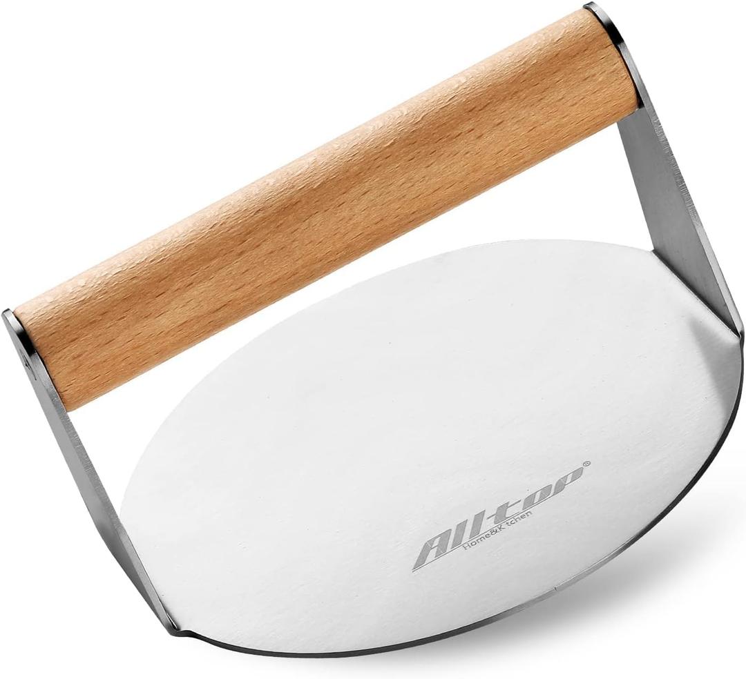 ALLTOP Smash Burger Press,Stainless Steel Non-Stick Hamburger Press Patty Maker for Flat Top Griddle,Grill,BBQ,Kitchen - Round Accessory (6.2 Wood Handle)