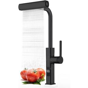 Black Kitchen Faucet with Pull Down Sprayer, Waterfall Pull Out Kitchen Faucet with Temperature(Batteries-Free), 4 Mode Faucet & 360 Swivel Spout, Single Handle Faucet for 1 Hole Sink