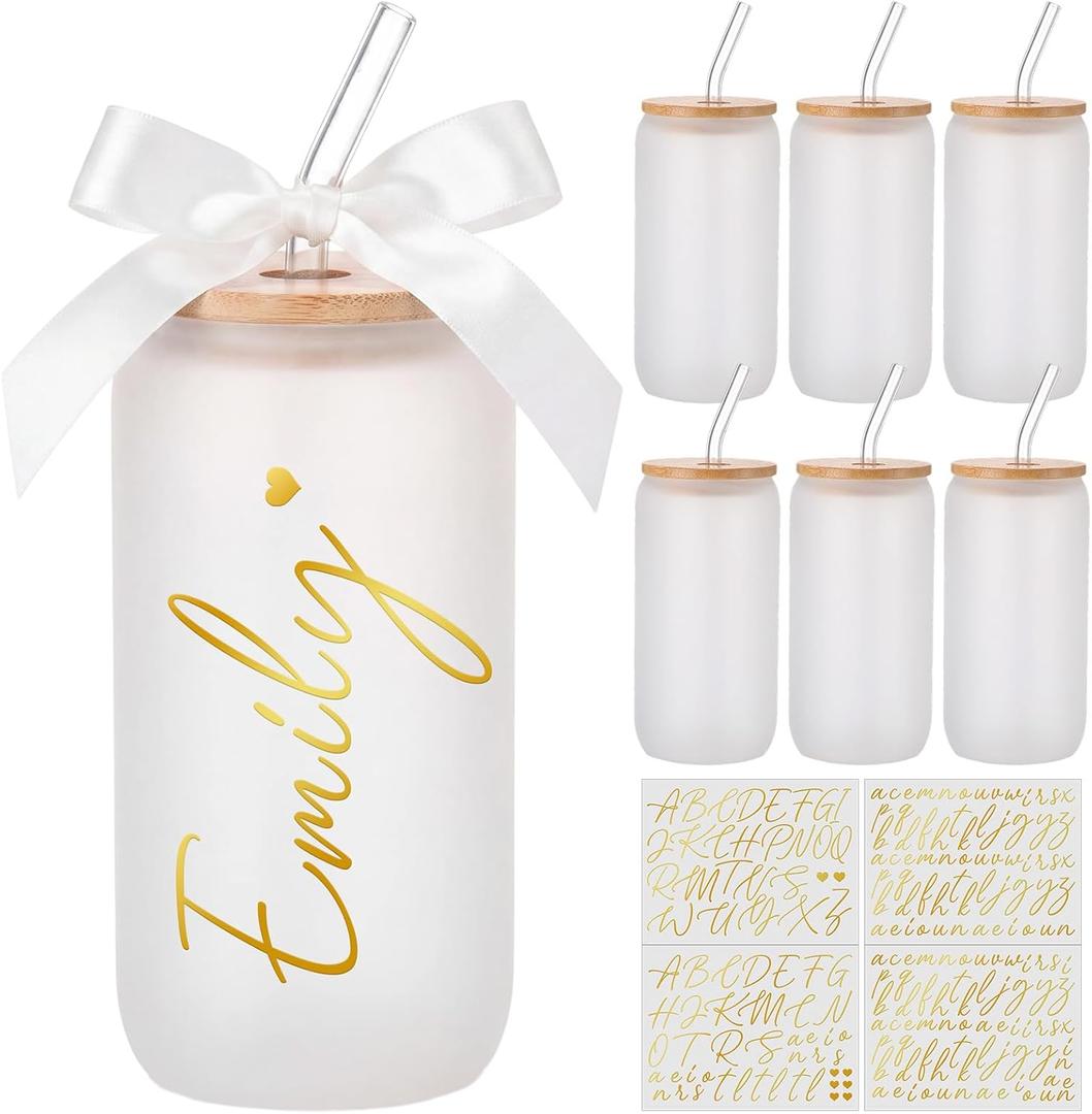 Skylety 6 Set Frosted Personalized Glass Cups with Name Stickers 16 oz Customized Coffee Cups with Bamboo Lids and Glass Straws Ribbon Vinyl Letter Decals DIY Gift for Proposal Bridal Shower Birthday