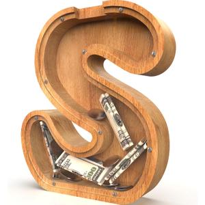 Piggy Bank for Kids Boys Girls, Large Personalized Wooden Letter Piggy Bank with Cut-Out Design, Alphabet Letter Coin Banks, Money Savings Box, Wooden Bank for Kids Creative Gift for Real-Money(S) (New Style-Initial-9.2")