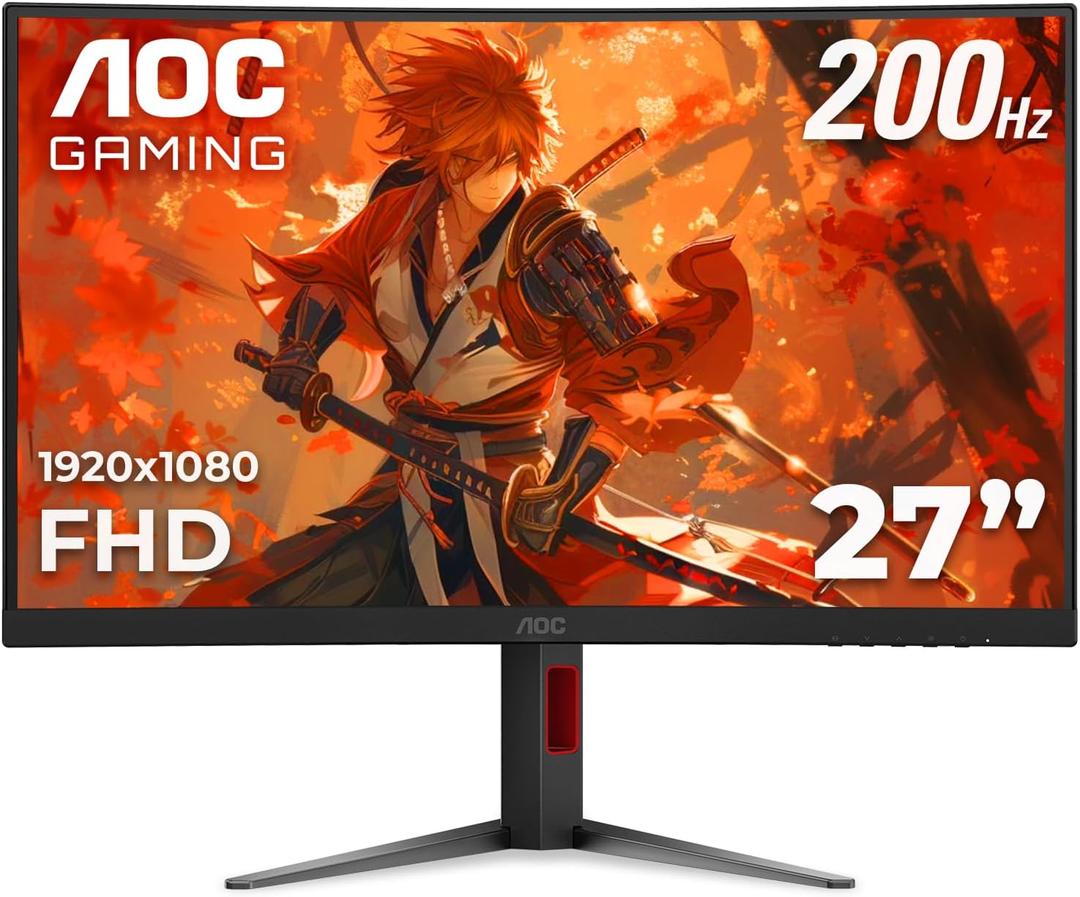 AOC C27G4H2 27" Curved Gaming Monitor, FHD 1920x1080, 1500R, 200Hz Refresh Rate, 0.3ms Response Time, Height Adjustable, Black, Xbox PS5 Switch Compatible