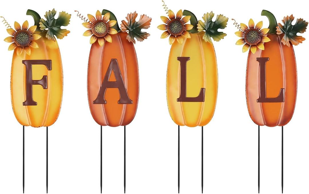 hogardeck Outdoor Fall Thanksgiving Decorations for Home, 4 PCS Metal Pumpkin Decorative Garden Stakes with Sunflowers for Fall Decorations, Yard Signs for Garden Home Lawn Patio
