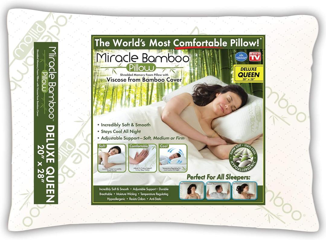 Ontel Miracle Shredded Memory Foam Pillow with Viscose from Bamboo Cover, Queen, White (Queen (Pack of 1))