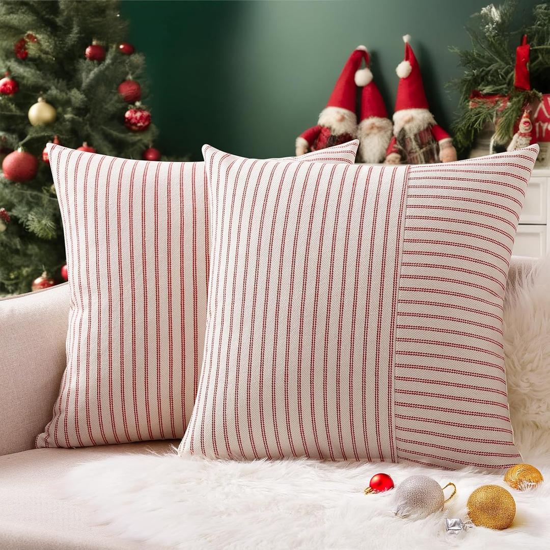 YCOLL Christmas Pillow Covers 22x22, Modern Accent Lumbar Throw Pillow Covers Set of 2, Red and Beige Striped Patchwork Linen Decorative Pillows Cushion Covers Christmas Decorations