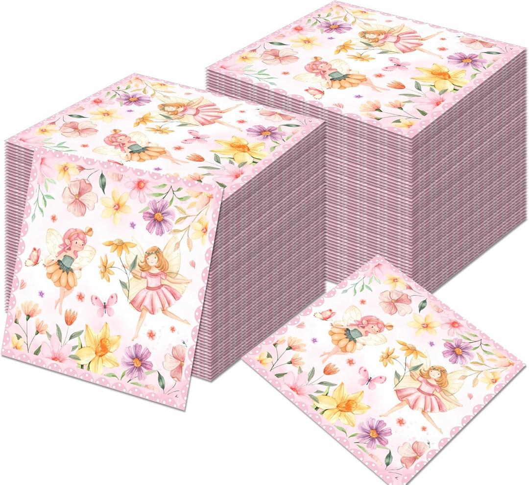 OXYLIPO 120Pcs Fairy Paper Napkins Fairy Colorful Disposable Lunch Dinner Paper Napkin Set Fairy Tableware Birthday Baby Shower Party Supplies, 6.5 * 6.5 Inch