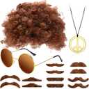 WILLBOND Hippie Afro Wig Disco Accessories Costume Set for Men Sunglasses Peace Sign Necklace Moustache for 50/60/70s Retro Theme Party (Brown)