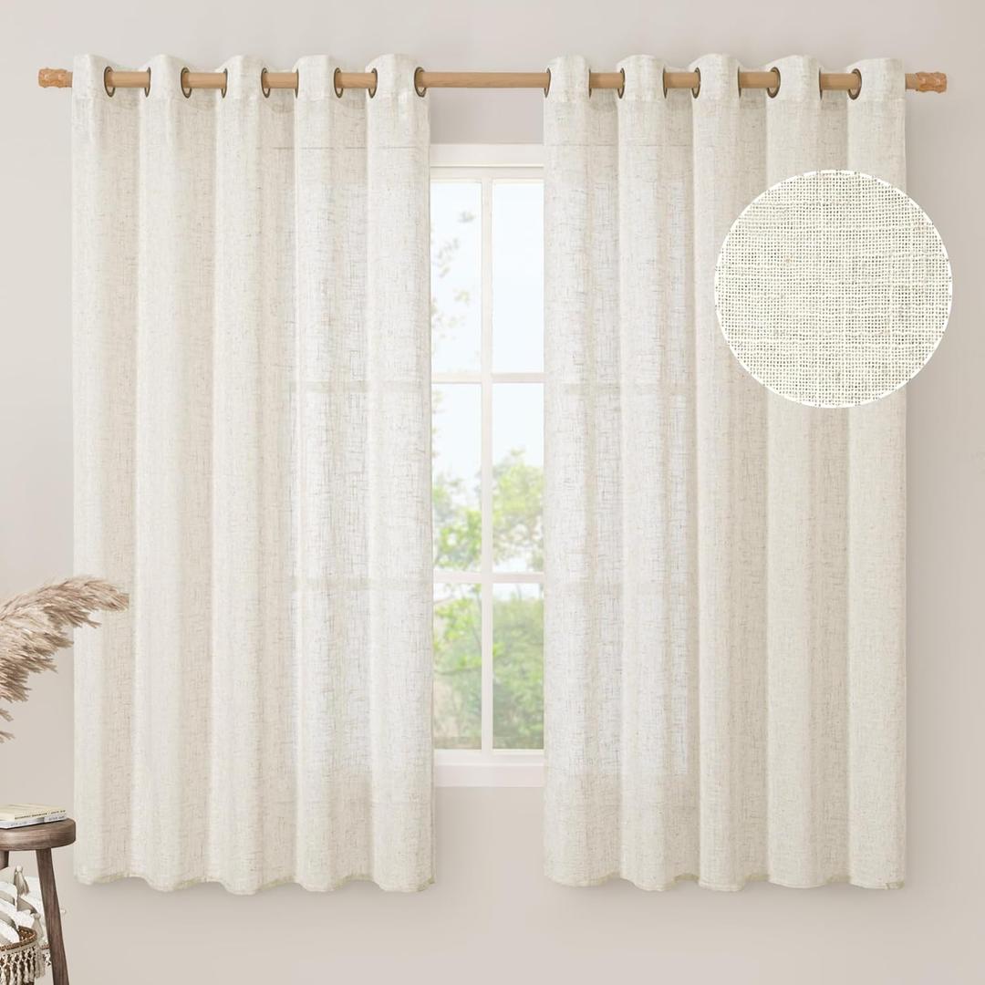 LAMIT Natural Linen Curtains 63 inch Length for Living Room, Boho Semi Sheer Light Filtering Window Textured Neutral Drapes with Bronze Grommet for Bedroom, 2 Panels Set, 60 x 63 Inch