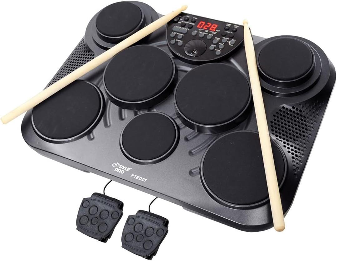 Pyle Electronic Tabletop Digital Drum Set, Compact Portable Drum Pad Kit w/ 8 Touch Sensitive Pads and Pedals, 600 Sounds, USB & Headphone Outputs, MIDI/AUX Inputs, 4x5 Drums & 4x3.5 Cymbals (Black)