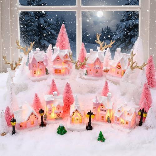 Kasyat 19 Pcs Christmas Village Set LED Lighted Christmas Village Houses Accessories with Xmas Tree Streetlight Figurines Crafts Town Scene Deer (Pink)