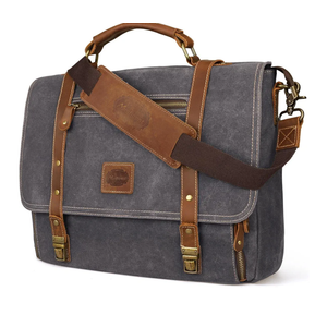 Manificent Laptop Messenger bag for Mens 15.6 Inch, Waterproof Vintage Genuine Leather Mens Briefcase shoulder bag 16 Storage Pockets, Waxed Canvas Leather Computer Business Satchel Work Bag (Gray)