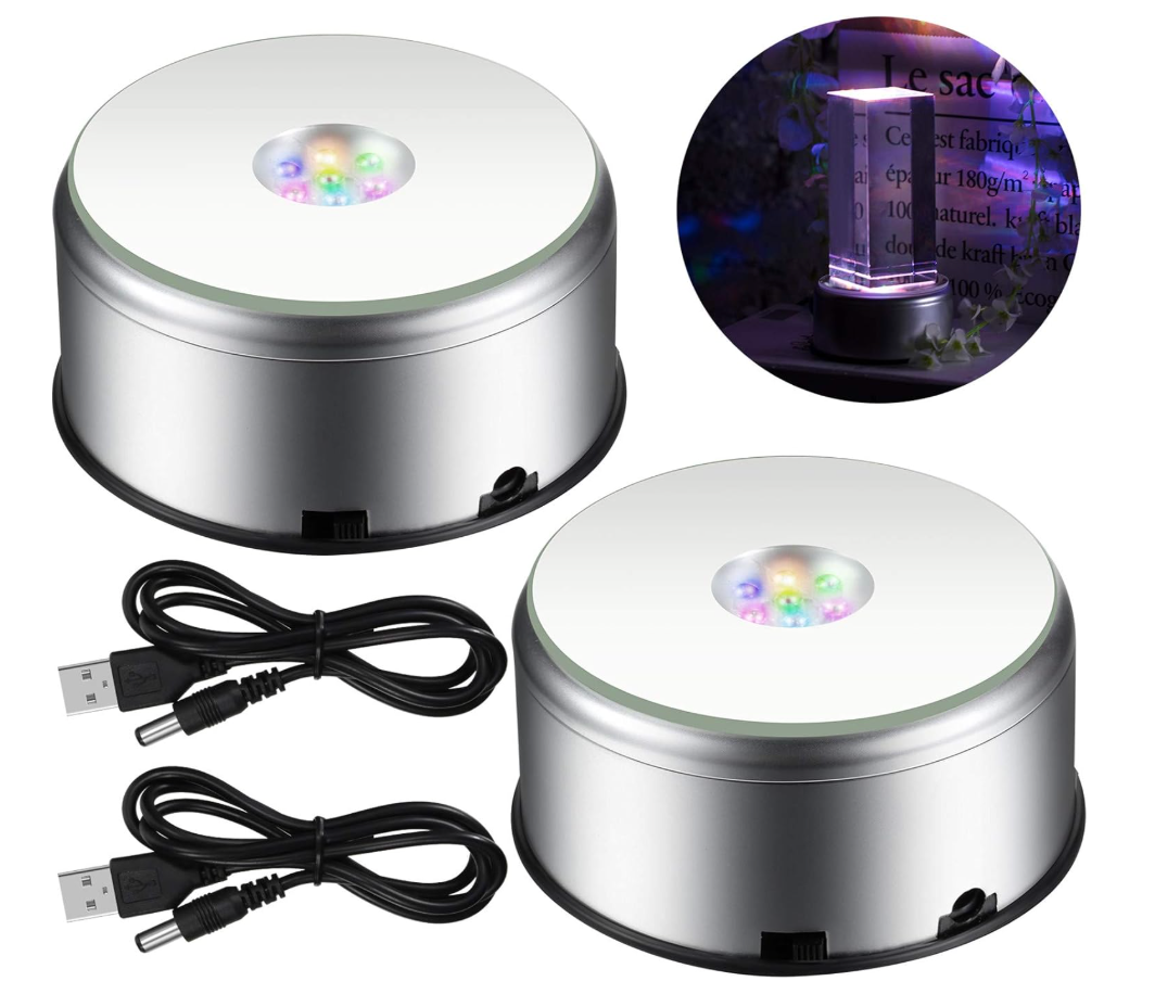 Mudder 7 LED Rotating Display Stand Light Colorful Crystal Base Cup Turner Platform 360 Degree Display Spinner with USB Cable for Tumbler Cup Crystal Glass Jewelry Art Craft Gift (1 Piece)