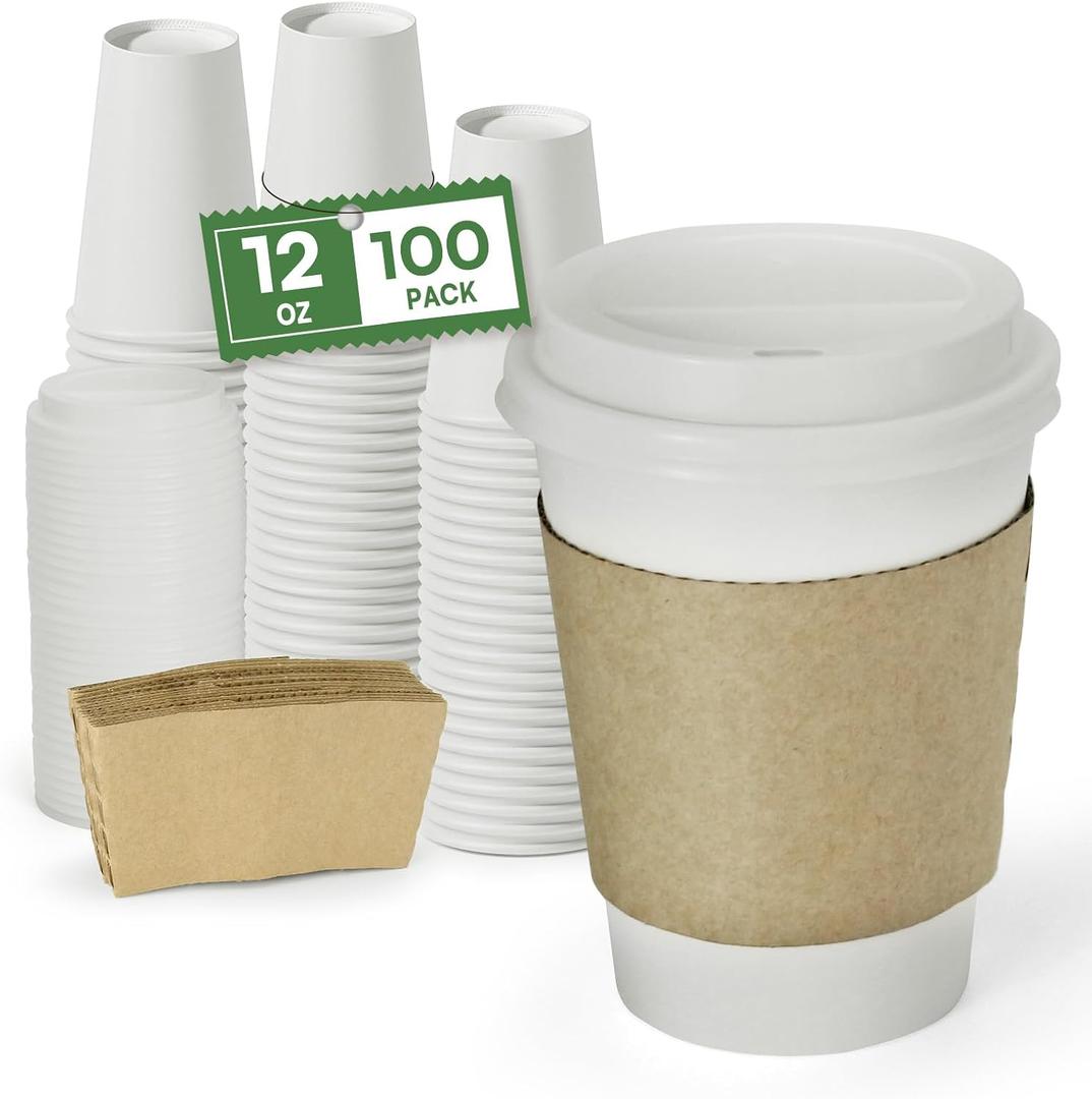 Disposable Coffee Cups with Lids 12 oz and Sleeves,100 Pack Paper Cups To Go Hot Cups with Lids & Kraft Sleeves, BPA Free Leak Proof Disposable Cups for Everyday Use Cafe Office Coffee Bar Essentials