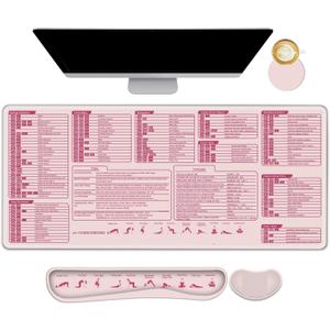 ARTSO Excel Shortcut Keys Mouse Pad Set, Extended Large XL Cheat Sheet Gaming Mousepad with Wrist Rest Support, Non-Slip Stitched Edge Keyboard Mat, Pink