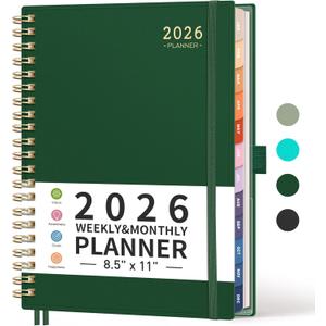 RETTACY 2026 Planner, Weekly and Monthly, Large Size (8.5" x 11"), Jan - Dec 2026, Agenda, Calendar, 12 Month Tabs, Flexible Plastic Cover, 100 GSM Thick Paper, Spiral-bound (Dark Green)