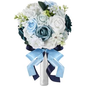 Wedding Bouquet,Fake Wedding Bouquets for Bride Bridesmaid Dusty Blue Flower Bouquet Artificial Flowers Artificial Roses Flowers with Ribbon Bow,White Bouquets Bride Decorations