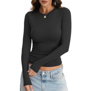 Eachyes Womens Tight Long Sleeve Shirts Crew Neck Crop Tops Fall Basic Casual Slim Fit Going Out Y2k Fashion Winter Spring Clothes 2026 Black Small