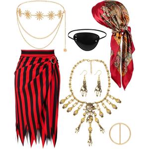 Woman Pirate Costume with Accessories Set,Pirate Skirt Women Adults Head Scarf Skeleton Necklace Sash Chain Belt Eye Patch for Halloween Cosplay Outfits