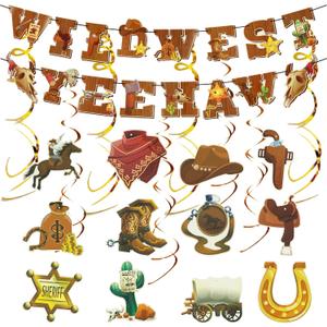 Happy Birthday Cowboy Party Decorations, Western Themed Party Decorations, Wild West Party Decorations Cowboy Banners Hanging Swirls, YITOBA Country Western Party Decor Supplies for Cowboy Birthday (Brown)