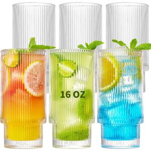 6 Pack Ribbed Drinking Glasses, 16 oz Vintage Glass Cups, Highball Glasses, Premium Iced Coffee Glasses, Clear Glass Tumbler, Cocktail Glasses, Elegant Glassware for Water Juice Whiskey Beer