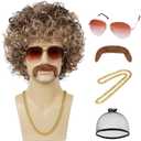 70s 80s Mens Disco Wig with Mustache Glasses Golden Chain Wig Cap Short Afro Curly Wigs For 60s Retro Disco Outfit Men Party Hippies Rocker Cosplay Costume Halloween(Blonde Mix Brown)