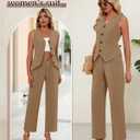 Ficerd Women's 2 Piece Outfits, Sleeveless Cotton Suit Vest and Wide Leg Pant Summer Business Casual Button V Neck Blazer Set(Khaki,Small)