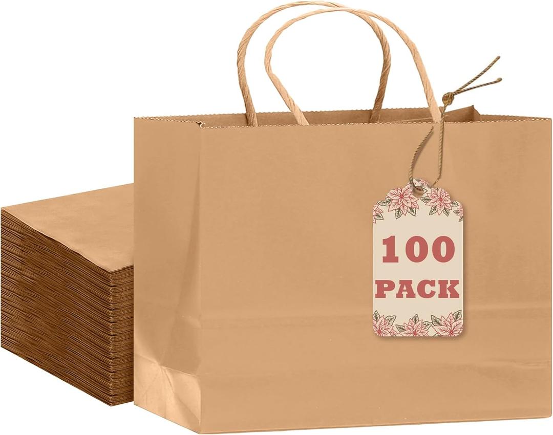 qiqee 13"x4.5"x10" Large Gift Bag with Handles Bulk 100PCS Gift Paper Bags Brown Bags Multiple Uses (Wide Large)
