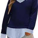 Oyamiki Women's Casual Collared Curved Hem 2 in 1 Pullover Tops Plaid Contrast Shirt Blouse (Blue, S)