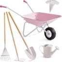 ROBUD Kids Wheelbarrow with Gardening Tools Set-9pcs Metal Toddler Wheelbarrow, Garden Tools, Watering Can, Plant Labels– Child Outdoor Toy for Ages 3+, Christmas Birthday Gifts for Boys Girls(Pink)