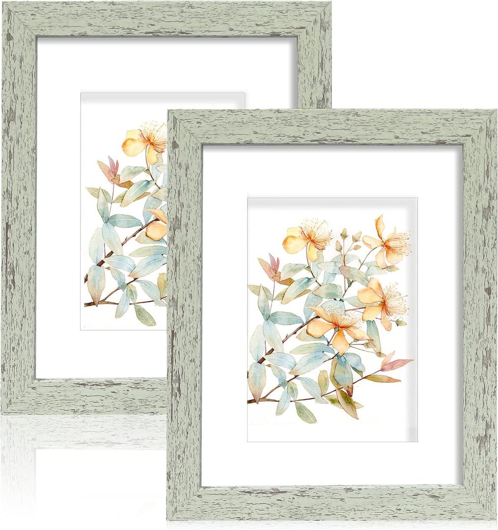 Hongkee 8x10 Picture Frame Set of 2, Made of Real Glass and Sage Green Wooden Frame - Display Picture 5x7 with Mat or 8x10 Without Mat, 8 by 10 Photo for Wall or Tabletop