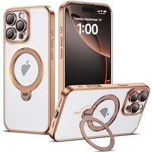 AmoraAqua Compatible with iPhone 14 Pro Max Case with 360° Spin Magnetic Ring Stand [Compatible with Mag-Safe] Camera Lens Protector Plating Clear Phone Case for iPhone 14 Pro Max 6.9", Desert Gold