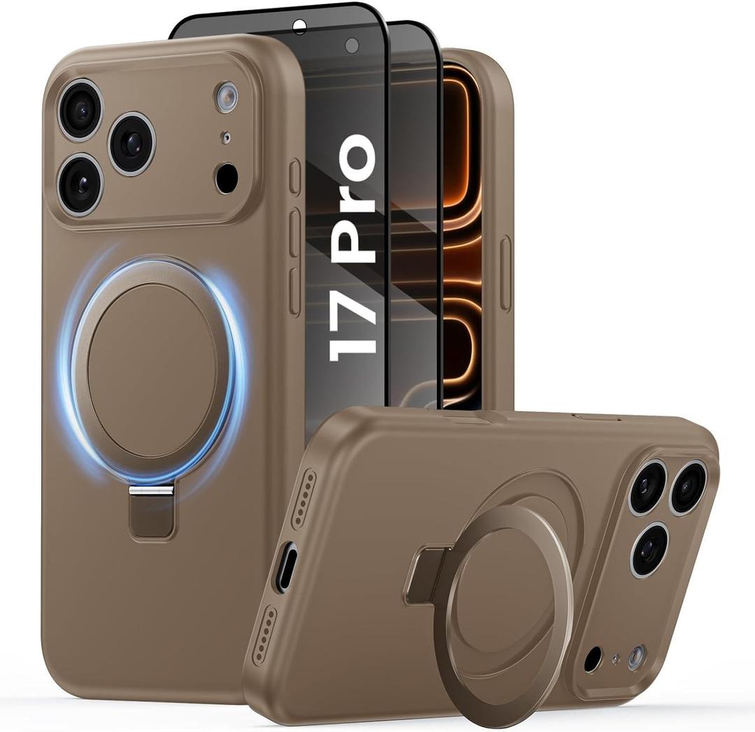 Magnetic for iPhone 17 Pro Case with 2X Privacy Screen Protector, Compatible with MagSafe, Integrated Camera Control, Premium Silicone Shockproof Protective Cover with Kickstand-Desert Brown