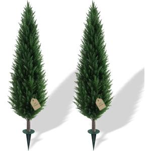 4FT Artificial Cedar Topiary Trees Set of 2 with Ground Spike, UV Resistant Fake Plants Bushes Shrubs, Faux Arborvitae Cypress Pine Privacy Tree for Outdoor Indoor Planters, Yard Porch Christmas Decor