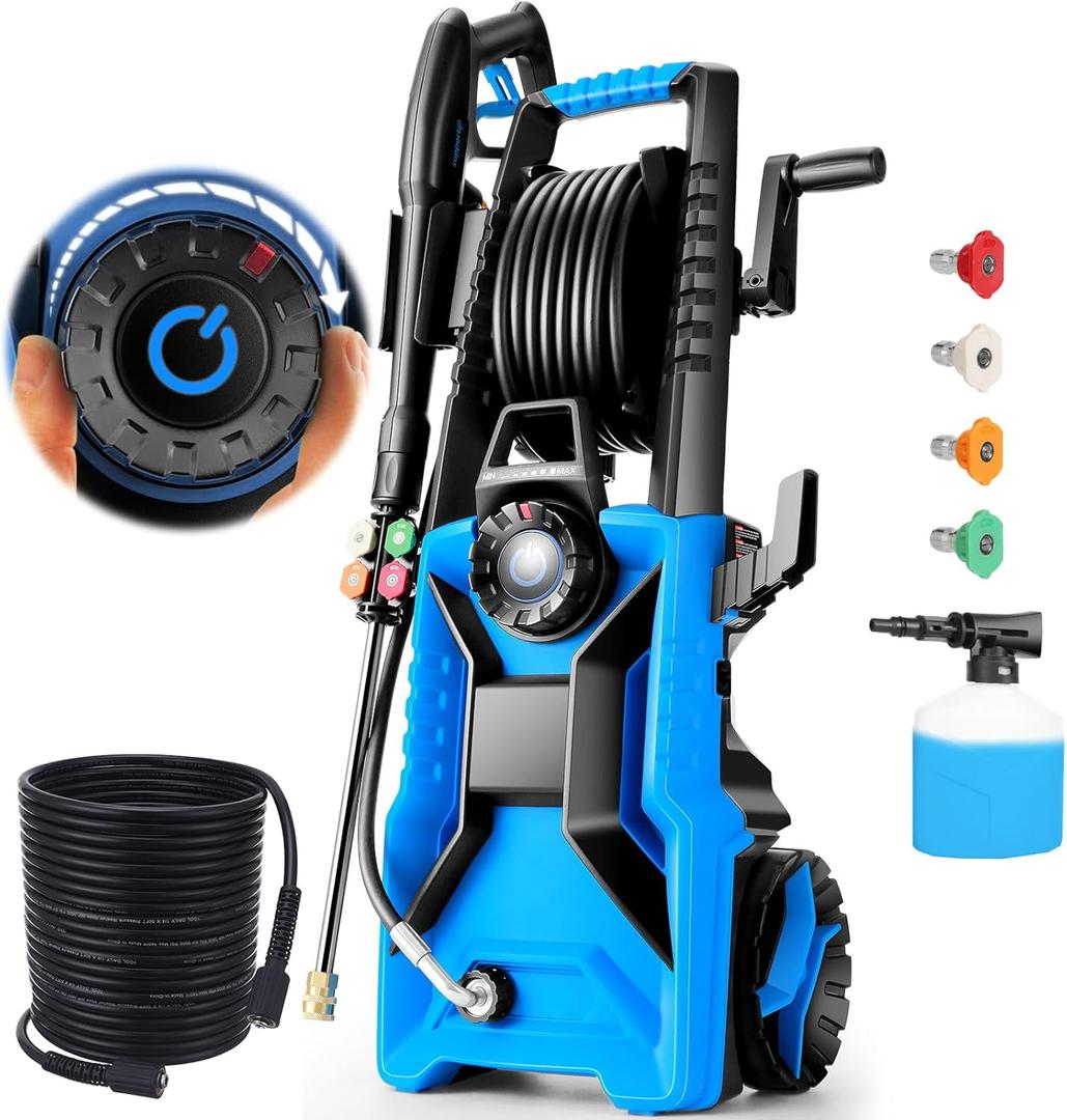 Pressure Washer 5000 PSI Adjustable Pressure, Power Wahser Powered with 33ft Pressure Hose, 4 Nozzles and 500ml Foam Cannon, Cleaner Machine for Home, Car, Blue