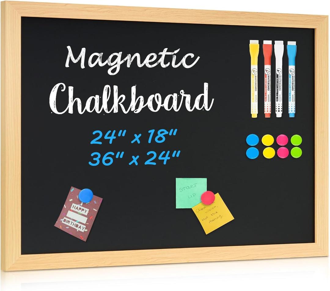 4 THOUGHT 24" x 18" Magnetic Chalkboard for Wall, Natural Wood Grain Frame | Blackboard Sign Board, Menu Board for Kitchen Home Office School, Includes 4 Markers & 8 Magnets