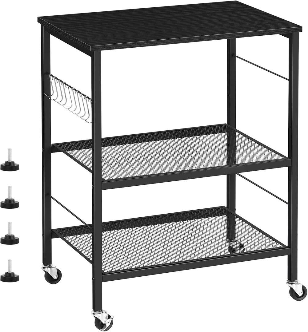 Bakers Rack Microwave Stand Cart with Storage Small Kitchen Island on Wheels Black Coffee Bar Cart 3 Tier Kitchen Shelf Stand with 10 Hooks Printer Table for Living Room Bedroom Office