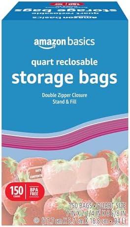 Amazon Basics Reclosable Quart Food Storage Bags, BPA Free, 150 Count