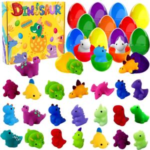 JOICEE 24pcs Dinosaur Squishy Toy Prefilled Easter Eggs, Kawaii Mochi Squishies Stress Relief Toys Filled Plastic Easter Eggs for Easter Basket Stuffers Party Favor Egg Hunt for Kids