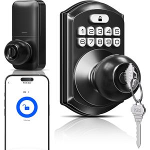 TEEHO TE018 Smart Door Knob with Keypad, App Control, Keyless Entry Digtal Door Lock with Handle, Remote Share One-Time Code, Auto Lock, Easy Installation for Front Door, Bedroom, Rental, Matte Black